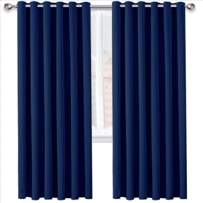 Image of Oxford Homeware Blackout Curtains for Bedroom 66x54 Inch Thermal Insulated Eyelet Super Soft Navy Curtain 2 Panels with Tie Backs