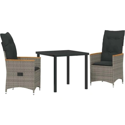 Image of vidaXL 3 Piece Garden Dining Set with Cushions Grey Poly Rattan