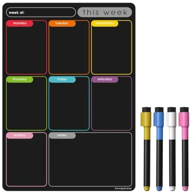 Image of TMS A3 / A4 Multi Coloured Magnetic Weekly Planner/Memo Board/Calendar Whiteboard, Shopping List and Meal Planner with 4 Dry Wipe Pens Eraser (Colour Memo Chalkboard, A4)