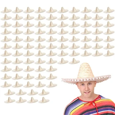Image of Mexican Natural Sombrero With White Pom Poms Straw Hat Fancy Dress Costume Ideal for Hen/stag Night, Summer, Beach Party, Wholesale Bulk Pack Of 1