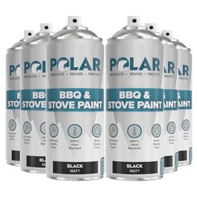Image of Polar BBQ &amp; Stove Black Spray Paint 6 x 400 ml, Matt Finish Up to 650C Ideal Heat Resistant for BBQs, Stoves, Ovens, Automotive Engines, Boilers, Firepits More Indoor Outdoor Use