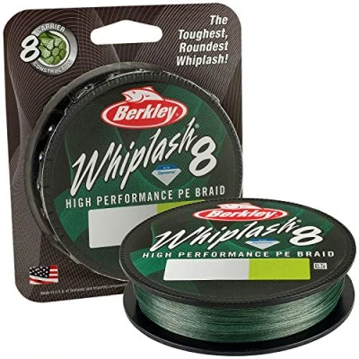 Image of Berkley Whiplash 8 Braided Fishing Line 100% Dyneema Strand Braid for Saltwater and Freshwater Fishing, Green, 17.5kg 38lb 300m
