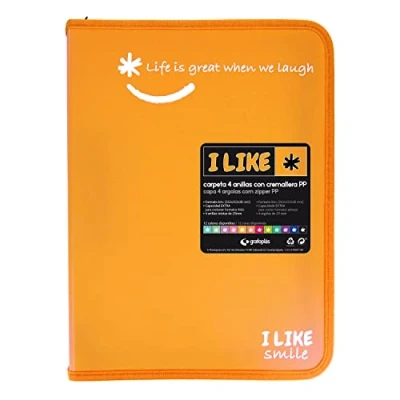 Image of Grafoplás 4800955. Ring Binder with Zip, A4+, Tangerine, 4 Rings 25 mm, Like, Polypropylene