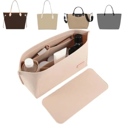 Image of Doxo Purse Organizer Insert for Handbags &amp; Base Shaper 2pc Set,Felt Large Tote,Bag with Zipper 3 Sizes,Fit Speedy Neverfull MM and More(Beige L Combination)