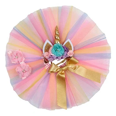 Image of Nishine Toddler Baby Girls Layered Tutu Skirt Dress with Glitter Unicorn Horn Headband Outfit for Birthday Party (Rainbow)