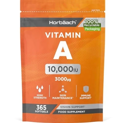 Image of Vitamin A Capsules 10,000iu 365 Count (1 Year Supply) High Strength Supplement as Retinyl Palmitate No Artificial Preservatives by Horbaach