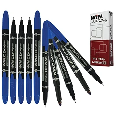 Image of PATEL CD MARK Permanent Marker Pens, Dual Tip, BLUE, Fine Medium Point, Pack of 10, DVD Glass Plastic Metal Use, Waterproof Ink, Black Ball Pen