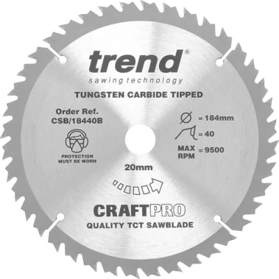 Image of Trend Wood Circular Saw Blade, 184mm Diameter, 20mm Bore, 40 Teeth, TCT, 2.6mm Kerf, +15 Hook, CSB/18440B