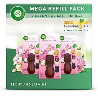 Image of Air Wick Essential Mist Refills, Peony &amp; Jasmine, Pack 3 x 20ml, Natural Oils, Last up to 135 days, freshener