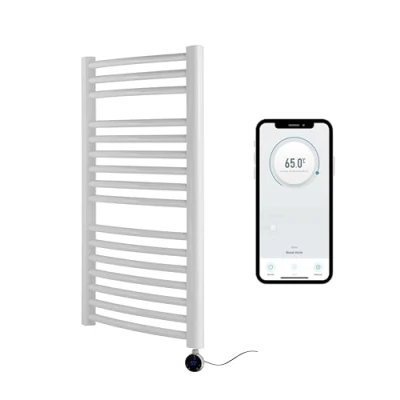 Image of Greened House White Electric Smart WiFi Controlled Heated Towel Rail 500mm W x 800mm H Curved 7 Day Programmable Timer App Compatibility (White + Chrome Element)