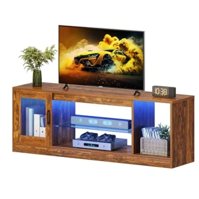 Image of YITAHOME TV Stand Cabinet Unit, 65 Inch Unit Table Living Room Furniture Modern Style with Open Adjustable Glass Storage Shelves for Room, Gaming Entertainment Hallway, Bedroom