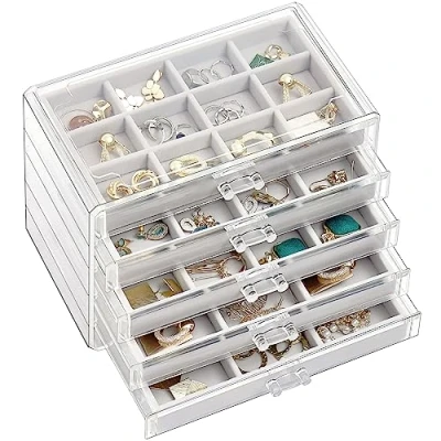Image of ProCase Acrylic Earring Storage Organiser Jewellery Organizer Box with 5 Drawers, Stackable Jewelry Holder Clear Case Adjustable Trays for Women on Dresser Vanity Grey, Layers