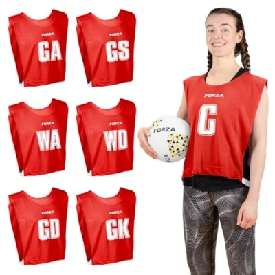 Image of FORZA Pro Netball Bibs [7 Pack] Full Player Position Bib Pack Available in 7 Colours Breathable and Comfortable for Schools &amp; Clubs (Red, Medium)