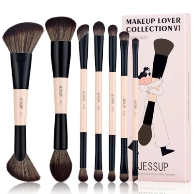 Image of Jessup Makeup Brushes Set 7pcs Double Sided for Foundation Concealer Blush Eyeshadow Contour Bronzer Powder Blending Eyebrow Eyeliner, Cruelty Free Make up Peach Dust T600