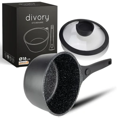 Image of DIVORY Casserole 18cm 2L Saucepan with lid Small Milk Pot Coated, Removable Handle, Induction, Dishwasher &amp; Oven Safe