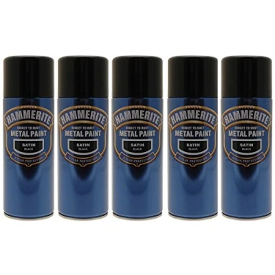 Image of 5x Hammerite Satin Black Metal Spray Paint 400ml Aerosol Tins x5