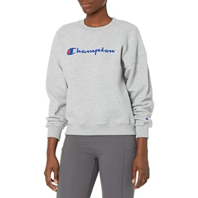 Image of Champion Women&#039;s Powerblend Relaxed Crew, Screen Print Script Sweatshirt, Oxford Gray y08113, S