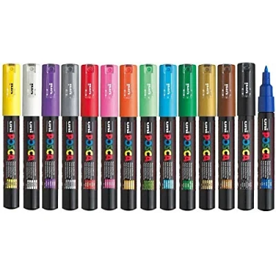 Image of Posca PC 1M Assorted Colour Extra Fine Pack Paint Marker Pens 1mm Bullet Tip Nib Writes On Any Surface Glass Metal Wood Plastic Fabric (1 Of Each 15 Pens)