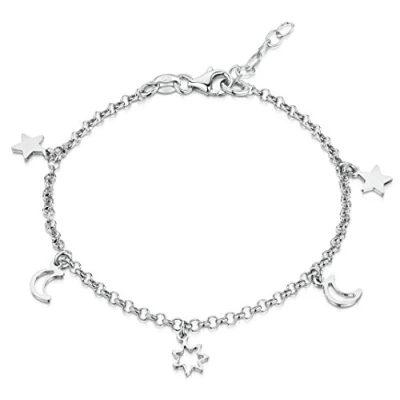 Image of Amberta Women 925 Sterling Silver Anklet with Charms: Ankle Bracelet Moons and Stars 22 + 4 cm