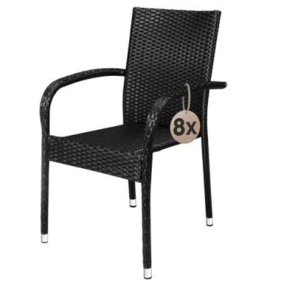 Image of CASARIA® 8 Piece Polyrattan Stacking Garden Chair Set Stackable Weatherproof Outdoor Chairs with Armrest 160kg Capacity Camping Patio Balcony Deck Seating Black