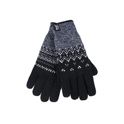 Image of HEAT HOLDERS Ladies Cute Striped Fairisle Warm Knitted Fleece Lined Winter Thermal Gloves (S/M, Black (Trondheim))