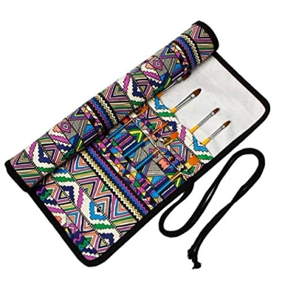 Image of Amoyie Roll up Paint Brush Holders for Acrylic Oil Watercolor Gouache Art Brush, Large Capacity Carrier Pouch 20 Holes, Purple Stripes