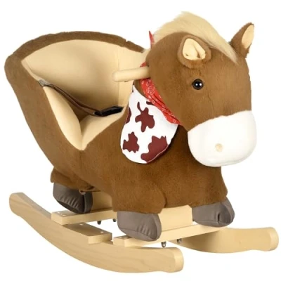 Image of HOMCOM Kids Rocking Horse Plush Ride On with Safety Belt, Realistic Sounds, Foot Pedals for Toddlers Aged 18 36 Months Brown