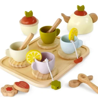 Image of Little Log Wooden Tea Set Toys Kids Play Kitchen Accessories Party for Children Pretend Food Girls Boys 3 Years and Up