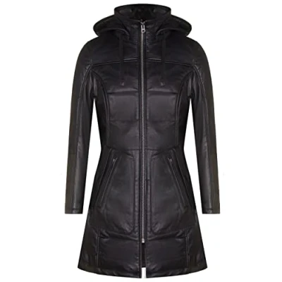Image of Women&#039;s Black Leather Puffer Quilted Hooded Parka Coat M