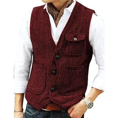 Image of Solovedress Mens Vintage Wool 3 Real Pockets Suit Vest V Neck Tweed Waistcoat for Wedding Groomsmen(Burgundy,S)