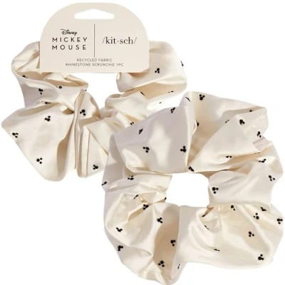 Image of Mickey/Minnie x Kitsch Fabric Rhinestone Scrunchie, Scrunchies for Women, Jumbo Hair Tie Thick Thin Hair, Womens Girls (Cream)