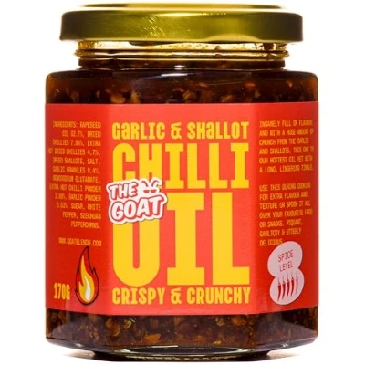 Image of garlic &amp; Shallot Chilli Oil, Chili Crisp, Crunch 170g Jar. Spicy oil with crispy crunchy and shallots. Vegan Vegetarian Oil.