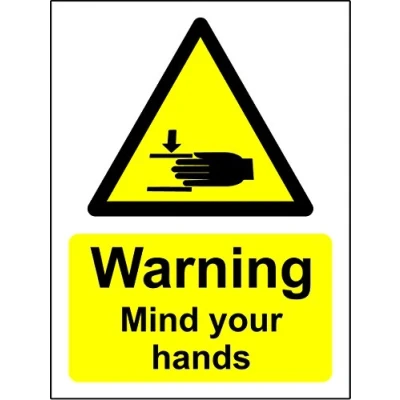 Image of Warning Mind Your Hands Danger Hazard Sign Self Adhesive Vinyl 200mm x 150mm