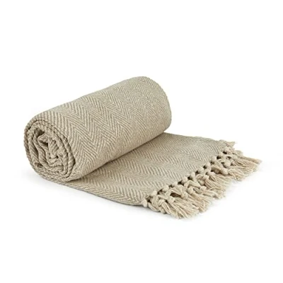 Image of Emma Barclay Herringbone Recycled Cotton Patterned Chair Sofa Setee Bed Throw Over Blanket in Natural 70x100 (178x254cm)