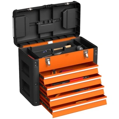 Image of HOMCOM 4 Drawers Large Tool Box, Powder Coated Steel Toolbox with Top Tray, Mini Parts Boxes, Ball Bearing Runners, Handle, Heavy Duty Chest for Workshop, Garage, 497mm x 253mm 407mm, Orange