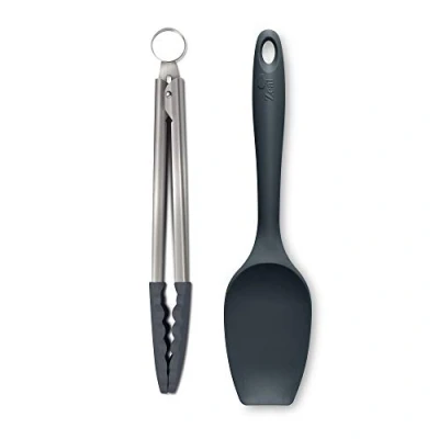 Image of Zeal JSET11T Non Stick Silicone Large Spatula Spoon &amp; Cooking Tongs 2 Piece Set Dark Grey