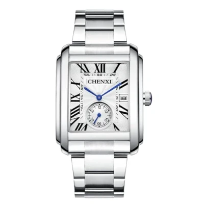 Image of JewelryWe Stainless Steel Square Watch: Silver Analog Quartz Calendar Wristwatch with Second Dial Waterproof Casual Business Watches for Men