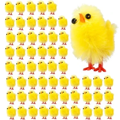 Image of DALAETUS 60 Pcs Mini Yellow Easter Chicks, Cute Fluffy Plush Chenille Chicks for Kids Bonnet Egg Hunt, Craft Decoration