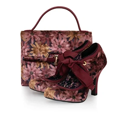 Image of Ruby Shoo Willow Burgundy Velvet Floral High Heel Ribbon Bootie &amp; Matching Malibu Bag UK 6