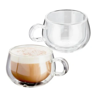 Image of Judge Double Walled Glass Cappuccino Coffee Handled Cups, Set of 2, 225ml Vacuum Insulated, Handcrafted Artisan Strong, Heat Resistant