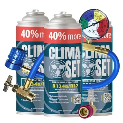 Image of ClimaSet Replacement of R134a refrigerant gas 3x235 g for air conditioning with Hose, Pressure Gauge and HP/LP Adapter Car recharge ECO