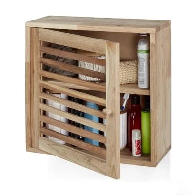 Image of Relaxdays Wall Cabinet, 2 Levels, Door with Magnetic Lock, Narrow Wooden Storage, Bathroom, Kitchen, 42x42x18cm, Natural