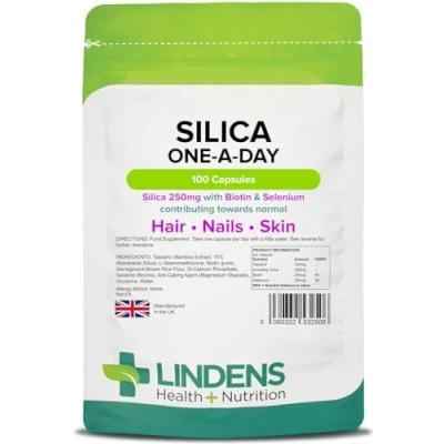 Image of Lindens Silica 250mg, 100 Capsules Fortified with Biotin &amp; Selenium, Contributes to Healthy Hair, Nails Skin Premium Bamboo Extract UK Made, Letterbox Friendly
