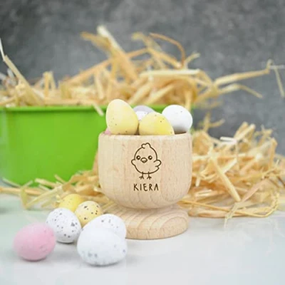 Image of Personalised Egg Cup, Engraved Wooden Easter Gift for Kids, Dippy Holder, Bunny Rabbit, Chick (Pack 1)