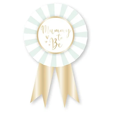 Image of Amscan 9910291 Ready to Pop Baby Shower Mummy Be Blue &amp; Gold Rosette Badge