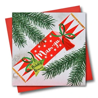 Image of Welsh Grandma Christmas Card, Nadolig Llawen Mam gu, Cracker, Tassel Embellished