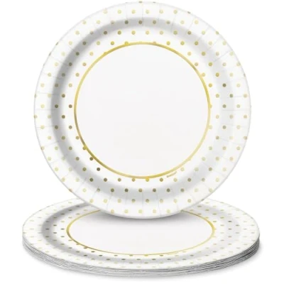 Image of Unique Party 72575 9&quot; Round Dinner Elegant Gold Dots Design Foil Board, Large Paper Plates