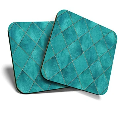 Image of Great Coasters (Set of 2) Square/Glossy Quality Coasters/Tabletop Protection for Any Table Type Teal Blue Geometric Tiles #2527
