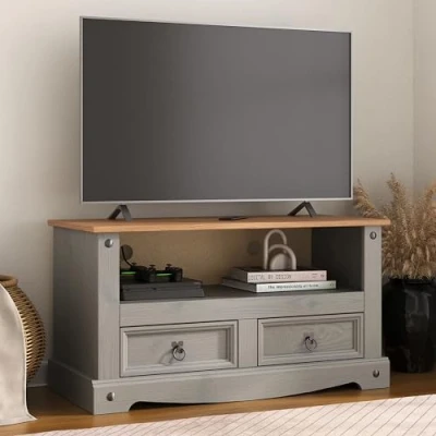 Image of Corona Grey TV Stand Flat Screen 2 Drawer Television Cabinet Solid Pine Wood Unit