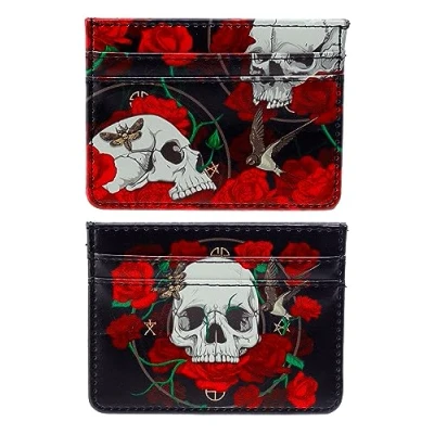 Image of Puckator Skulls &amp; Roses Fabric Contactless RFID Protection Credit Card Holder Wallet for Men Small Women Minimalist Slim
